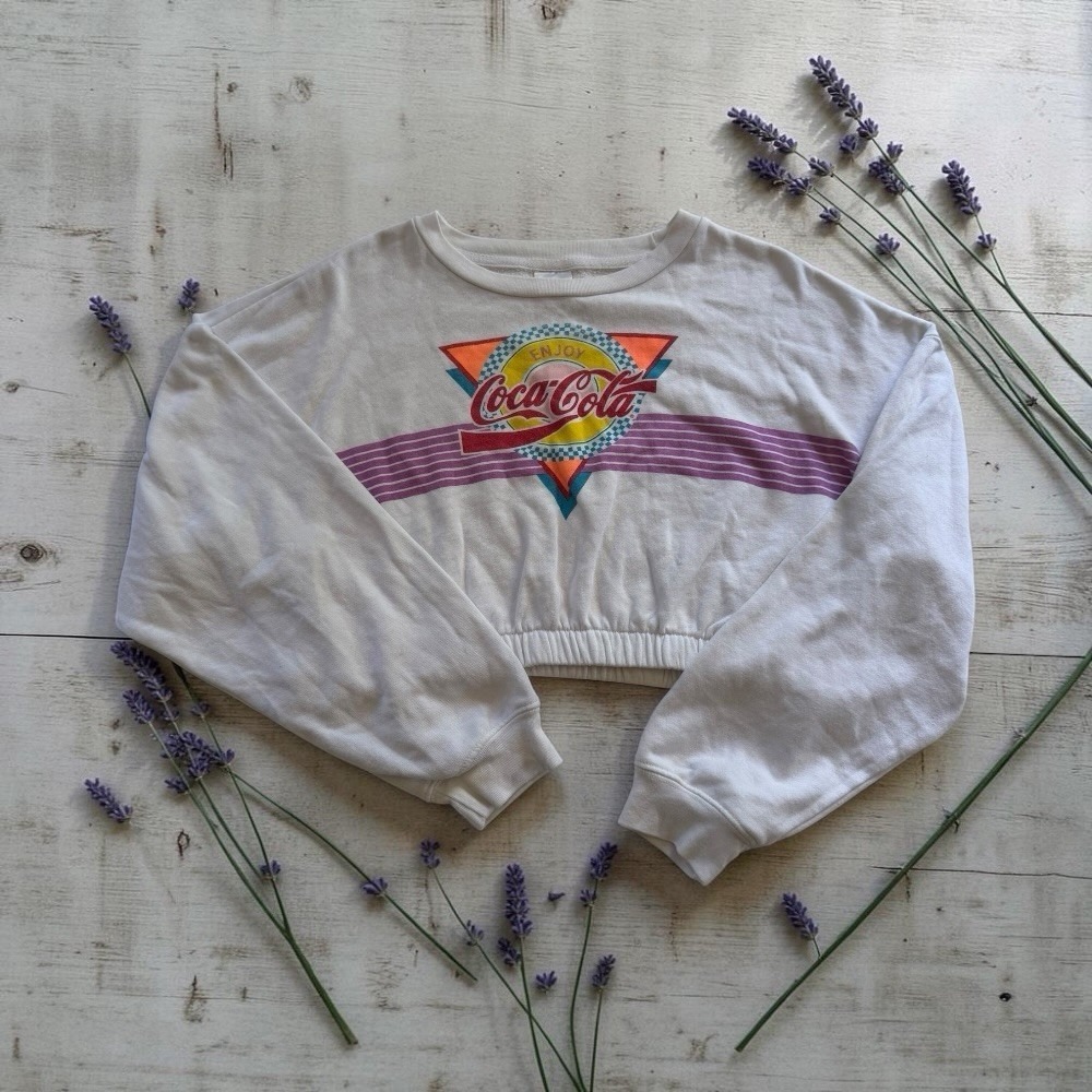 Retro 80s Style Coca Cola Cropped Graphic Sweatshirt Elastic Hem Womens size XL